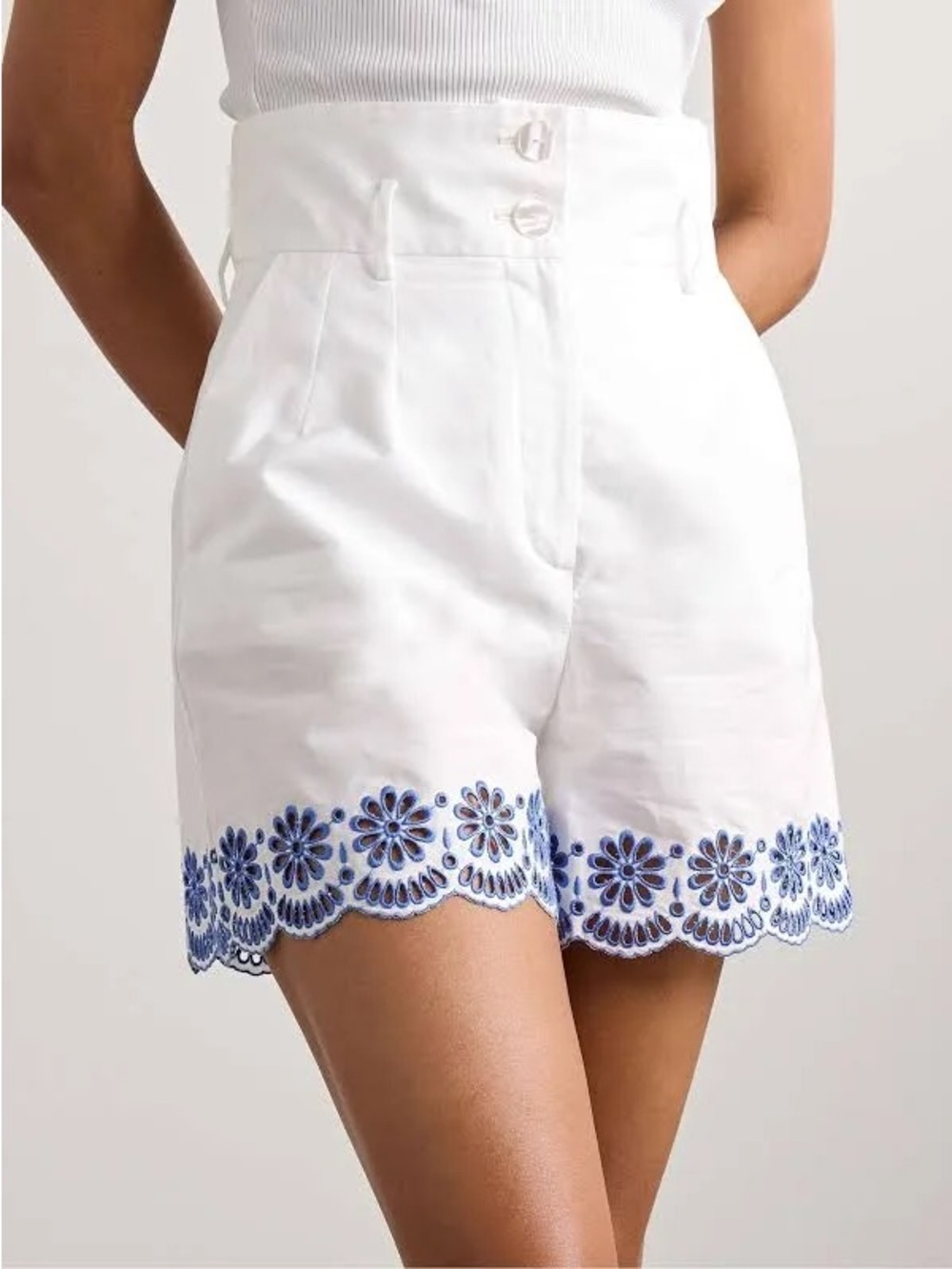 Women’s White High-Waist Shorts with Blue Embroidered Hem